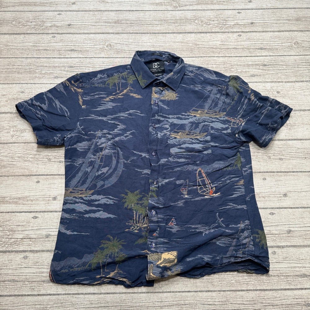 DC Davide Clivio Shirt Mens 41 Blue Pure Linen Slim Fit Short Sleeve Button Down